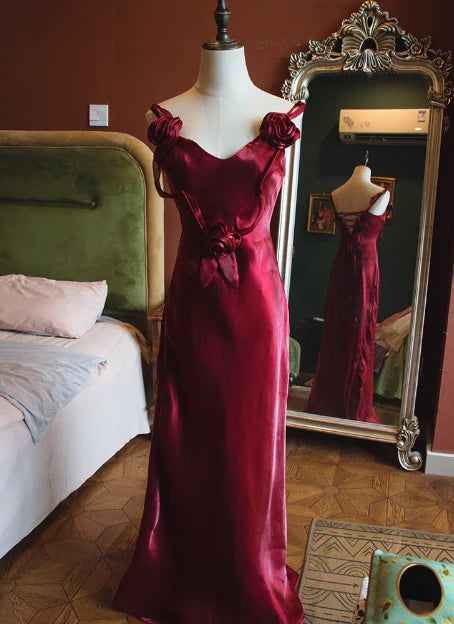 Weitese Dress Spaghetti Straps Elegant Sleeveless Burgundy 3D Flower Back Tie Mermaid Prom Dress